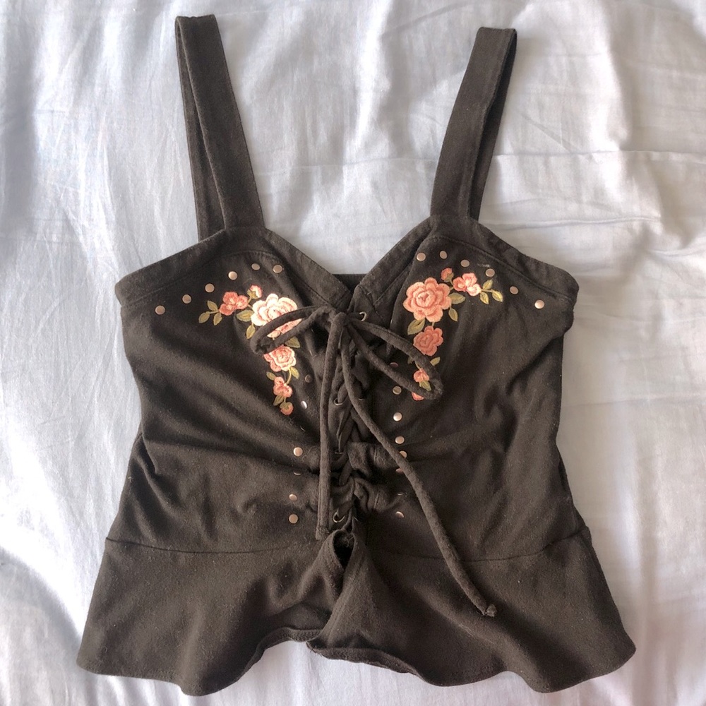 Floral Embroidery Lace-Up Corset Top
